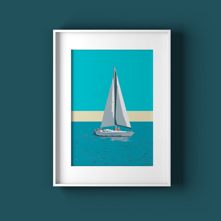 Sail boat art print for study, nautical gift for friend in blues and yellow
