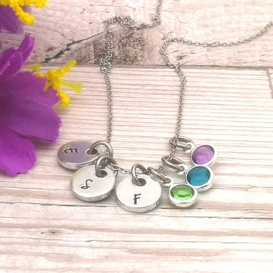 Personalised Initial Charm Necklace With Birthstone Crystals - Mummy Gift