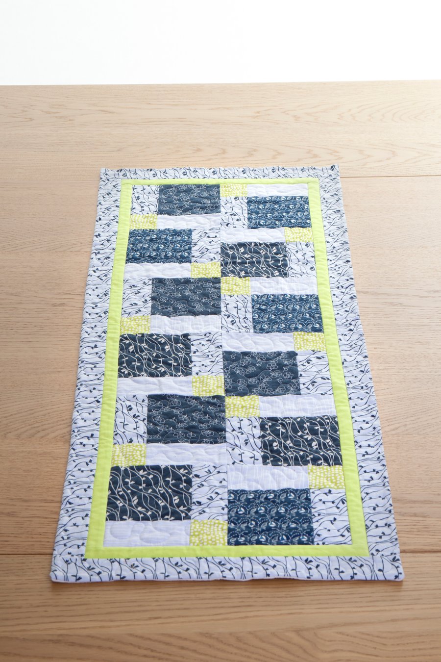 Quilted Patchwork Table Runner in shades of blue and lime