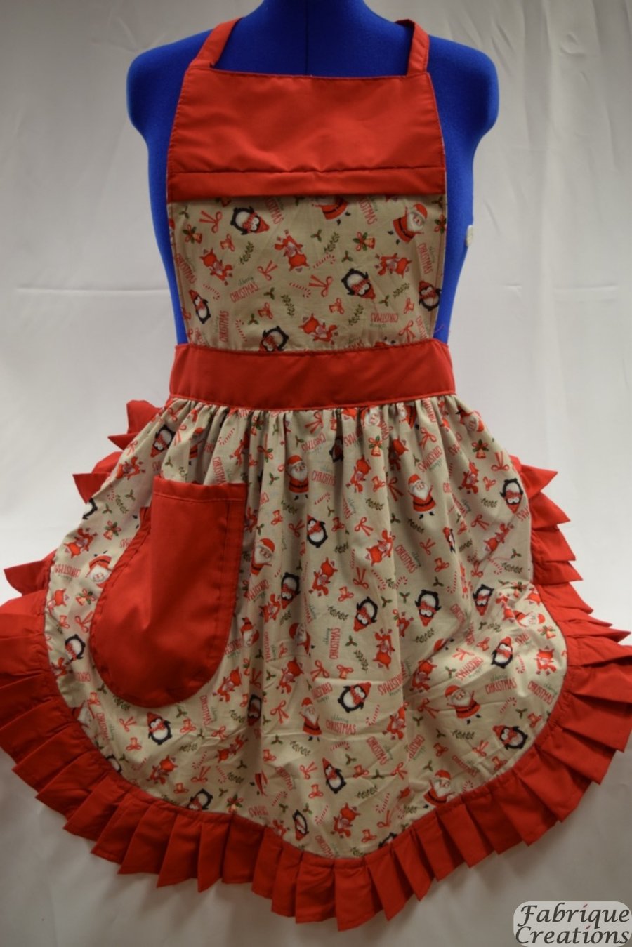 Vintage 50s Style Full Apron Pinny - Christmas Penguins on Grey with Red Trim