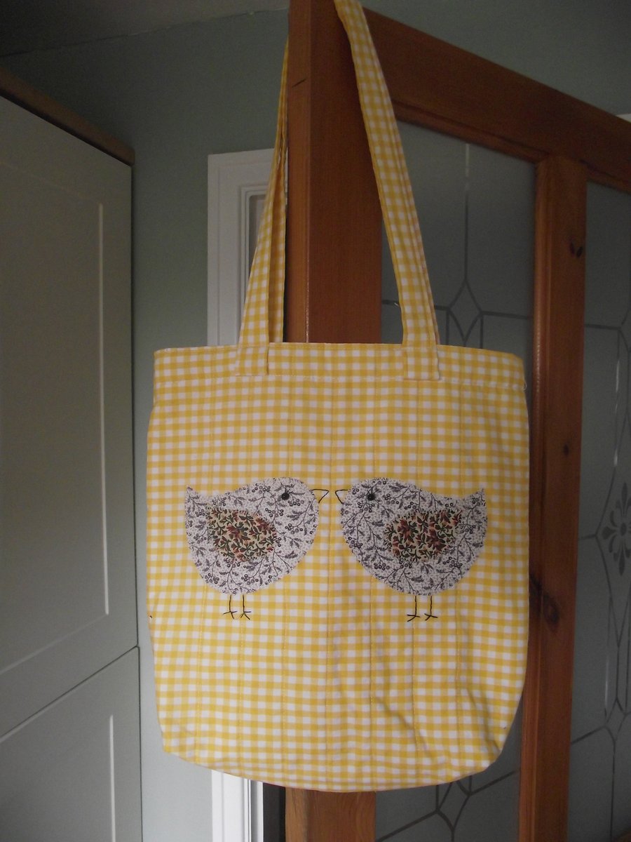 Yellow gingham tote bag with phone case, bag with birds on, handbag
