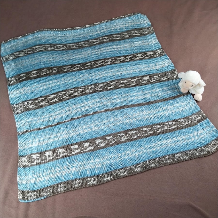 Hand Knitted Baby Blanket in Blue and Grey - Fair Isle Style Pram Blanket
