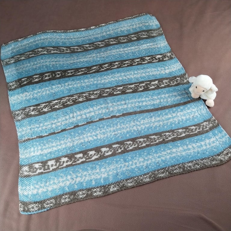 Hand Knitted Baby Blanket in Blue and Grey - Fair Isle Style Pram Blanket