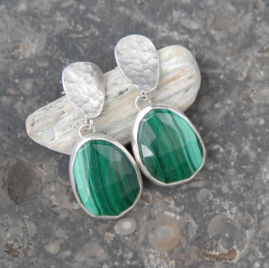 Malachite and silver drop earrings