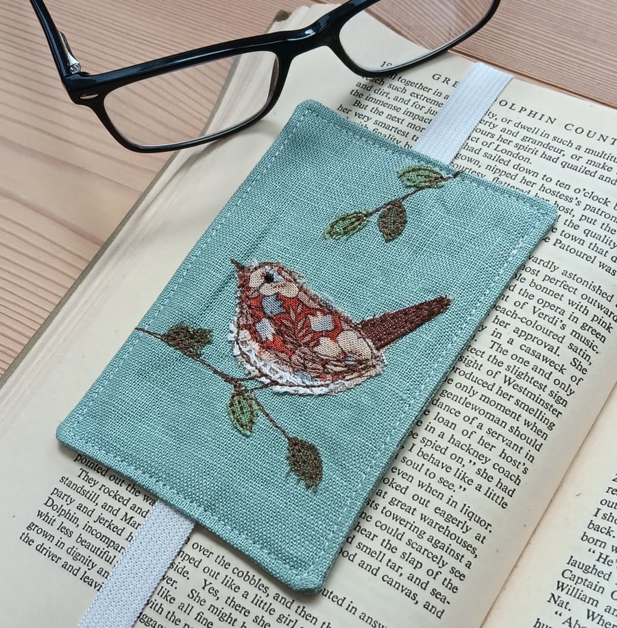 Elasticated Bookmark with Embroidered Wren