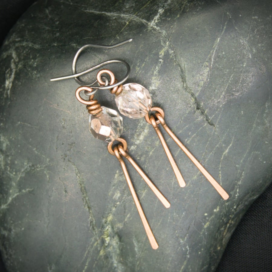 Hammered Copper Dangle Earrings with Faceted Pale Pink Glass Beads