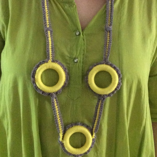 Long Crochet necklace in mauve and yellow