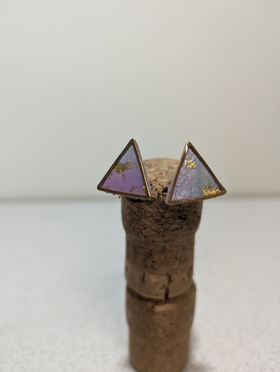 Mint gold lilac galaxy scrap triangle stud earrings 