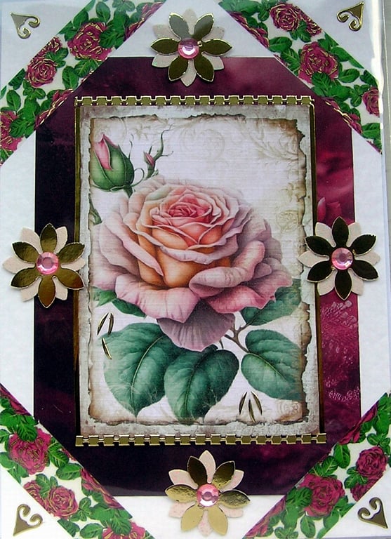 Pink Rose Flower - Hand Crafted Decoupage Greeting Card - Blank 3023