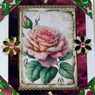 Pink Rose Flower - Hand Crafted Decoupage Greeting Card - Blank 3023