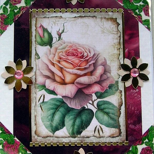 Pink Rose Flower - Hand Crafted Decoupage Greeting Card - Blank 3023