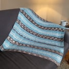 Hand Knitted Baby Blanket Blue Grey Fair Isle Pram Blanket Neutral Gift