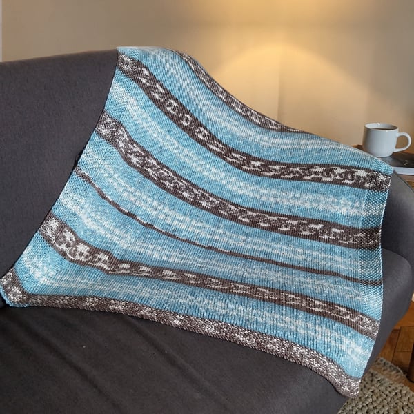 Hand Knitted Baby Blanket Blue Grey Fair Isle Pram Blanket Neutral Gift