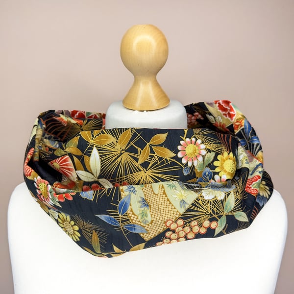 Japanese Cotton Satin Slub Infinity Scarf - Black & Gold Floral Fan Pattern