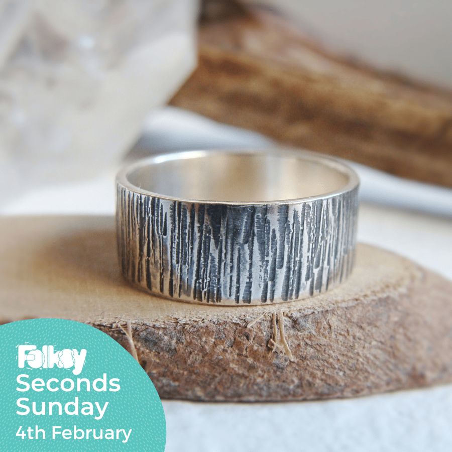 Sterling Silver Woodland Textured Wide Band Ring - Seconds Sunday