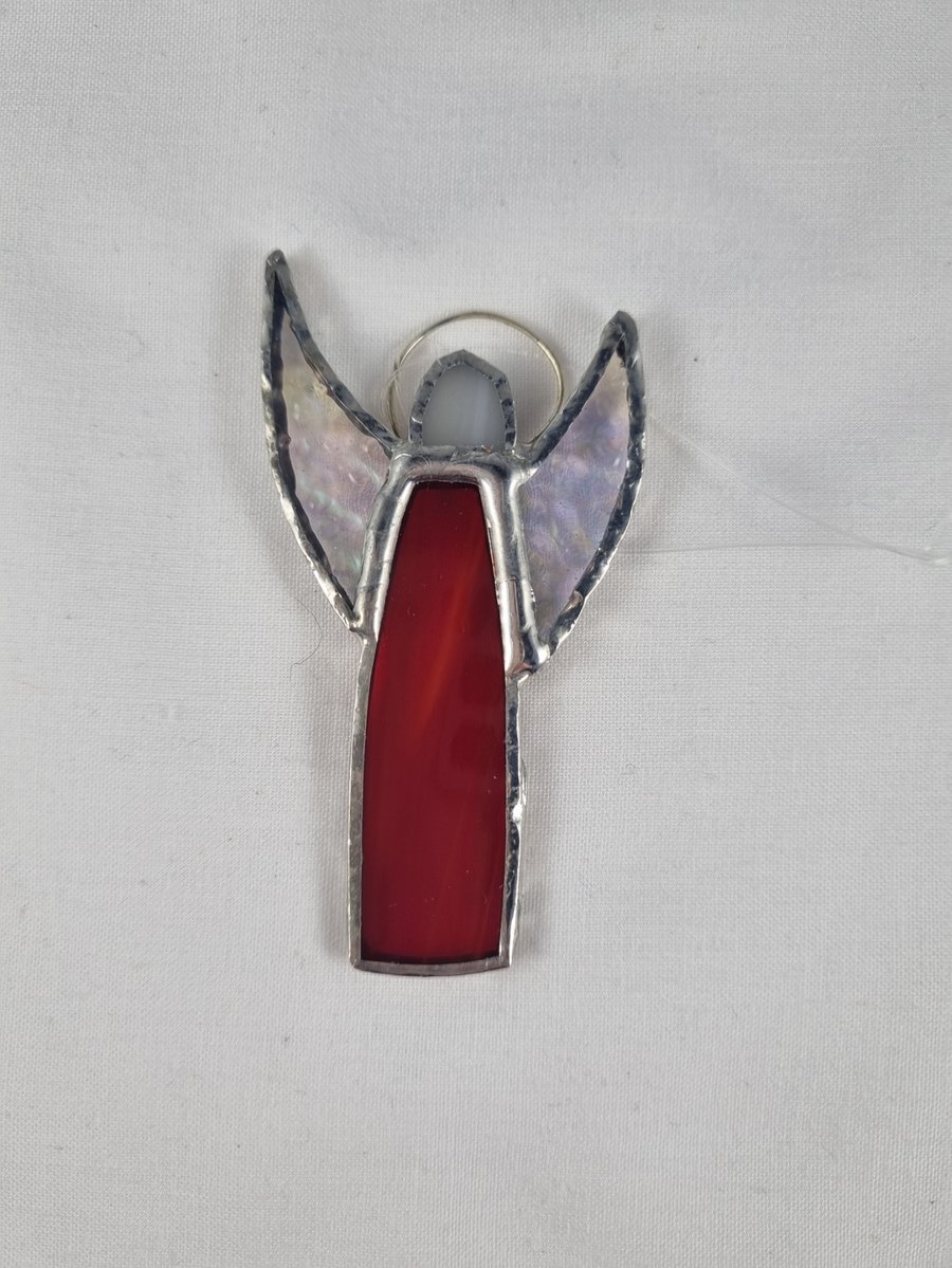 556 Stained Glass Small red thin Angel - handmade hanging decoration.