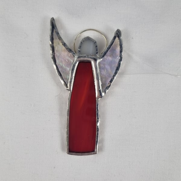 556 Stained Glass Small red thin Angel - handmade hanging decoration.