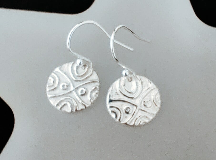 Handmade Fine Silver Drop Earrings - Aztec Design