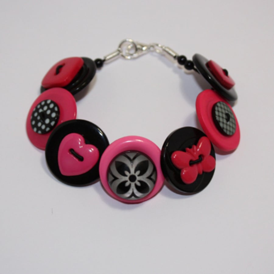 Hot pink and black button bracelet FREE UK SHIPPING
