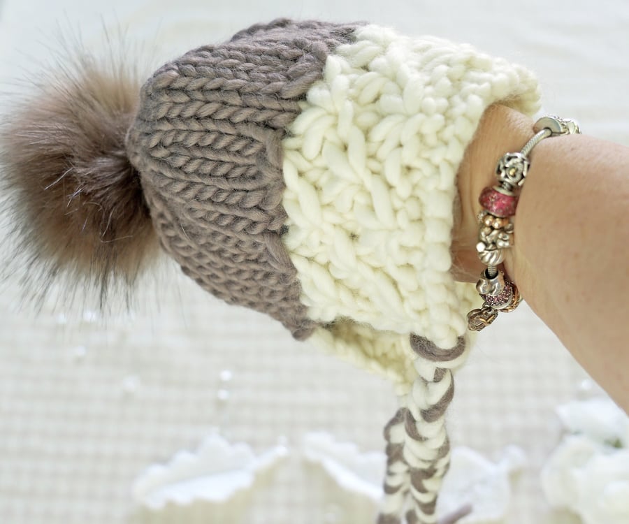 Luxury Baby Bonnet: Hand Knit Merino Wool beanie . Size 6-12 months