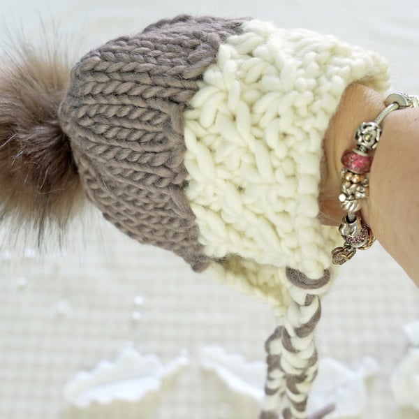 Luxury Baby Bonnet: Hand Knit Merino Wool beanie . Size 6-12 months