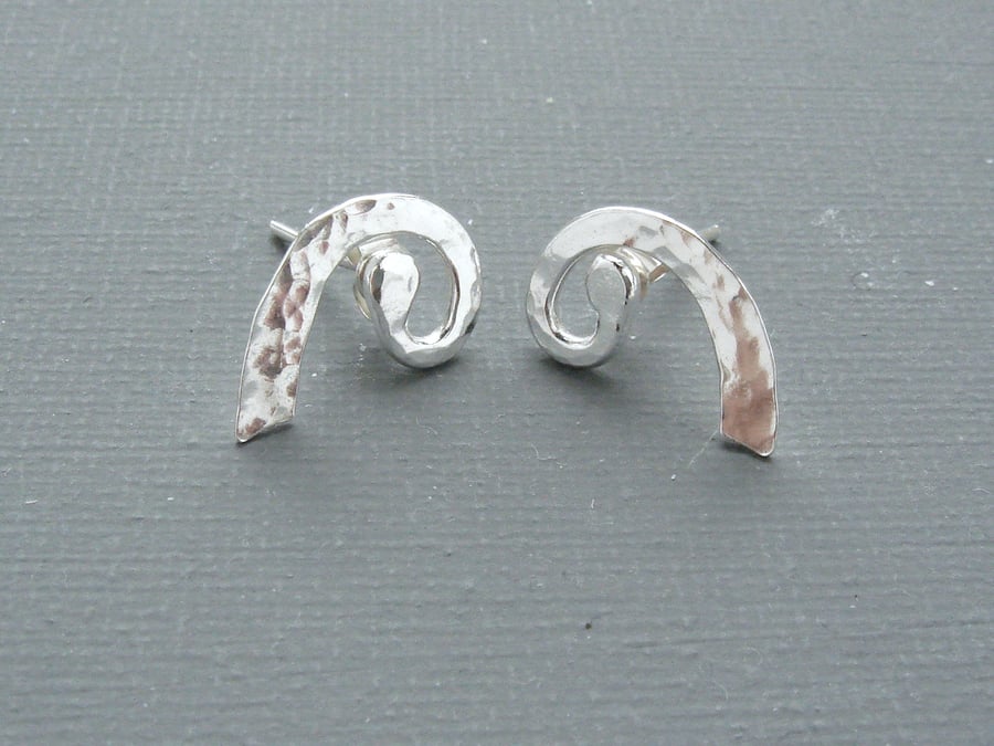 "Nautile" Hand Forged Sterling Silver Stud Earrings With Hammered Texture 