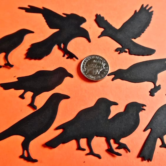 16 x small Black Raven Crow Die Cuts. Card Topper Silhouettes Hallowe'en 