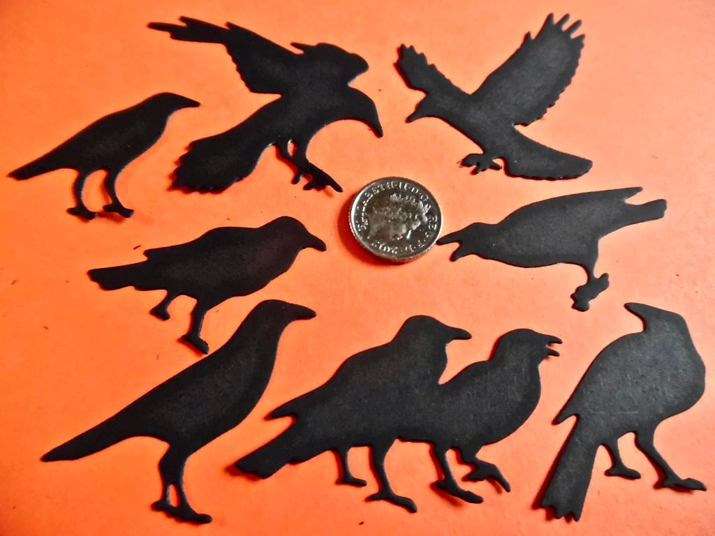 16 x small Black Raven Crow Die Cuts. Card Topper Silhouettes Hallowe'en 