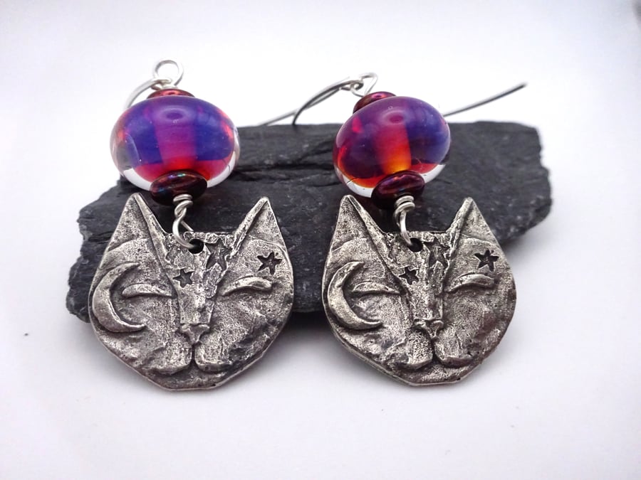 mystic cat pink lampwork glass earrings
