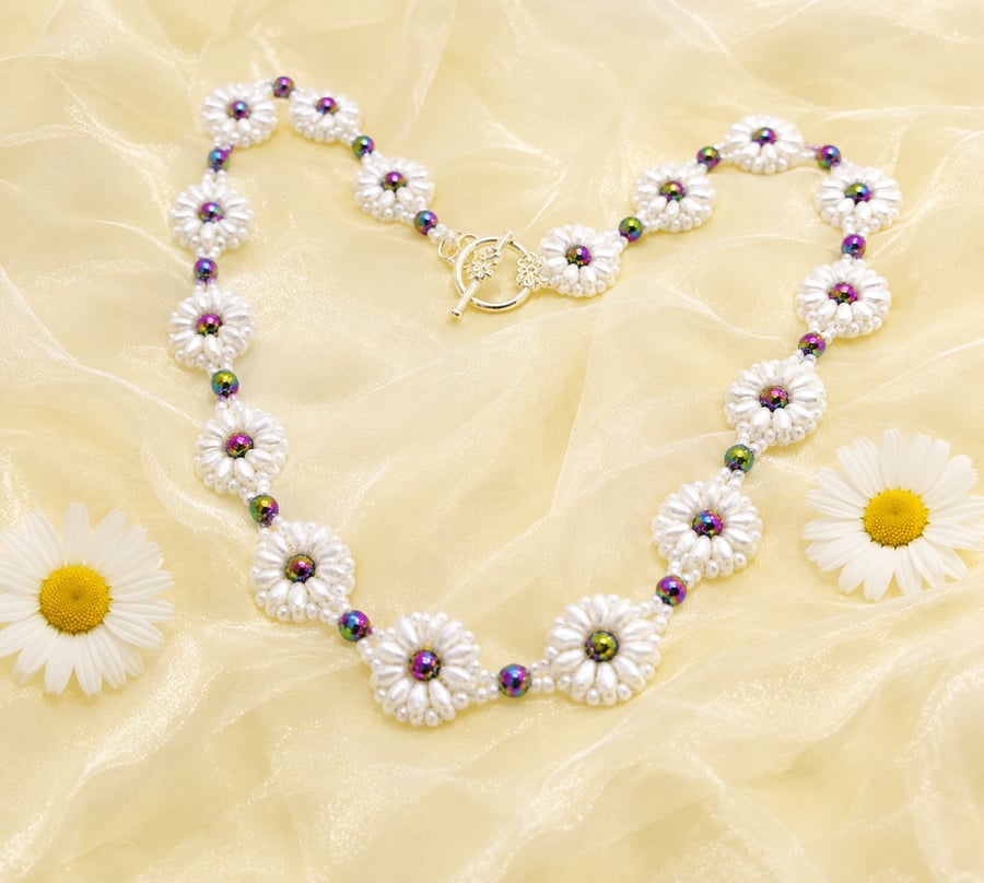 Daisy collection necklace with rainbow Haematite beads
