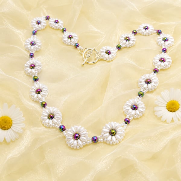 Daisy collection necklace with rainbow Haematite beads