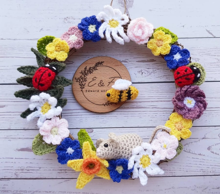 Crochet summer wreath, Door wreath, Crochet flower wreath, Crochet wall wreath