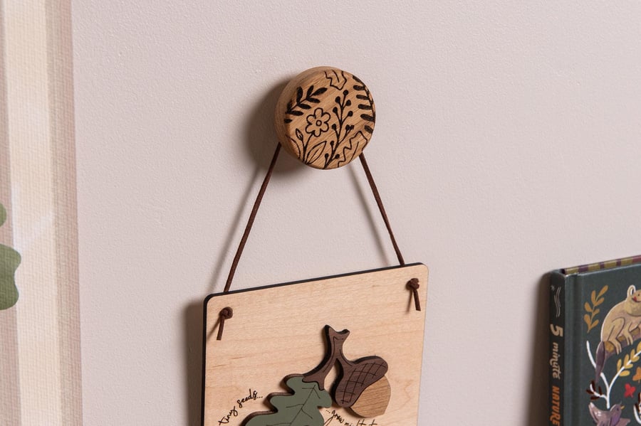 Round Oak Wall Hook - Meadow, Print Hook, Print Art Wall Display Hook, Solid Oak
