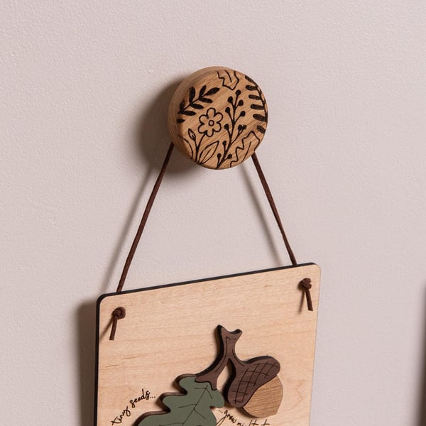 Round Oak Wall Hook - Meadow, Print Hook, Print Art Wall Display Hook, Solid Oak
