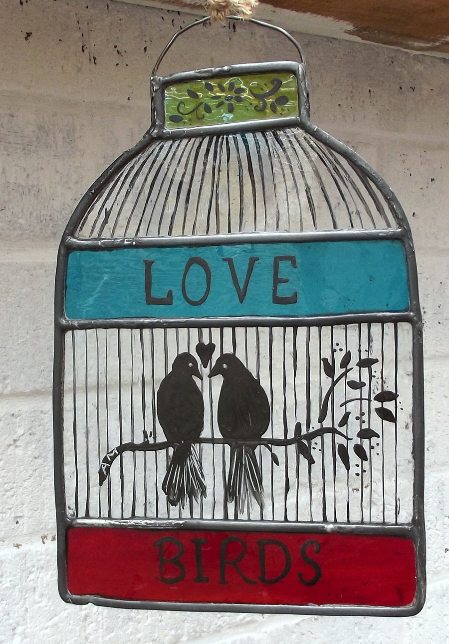 Stained Glass Hand Painted Bird Cage with love birds 