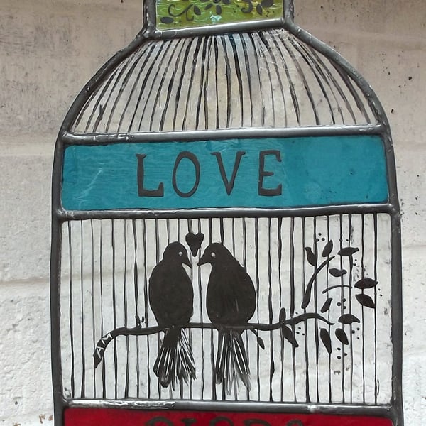 Stained Glass Hand Painted Bird Cage with love birds 