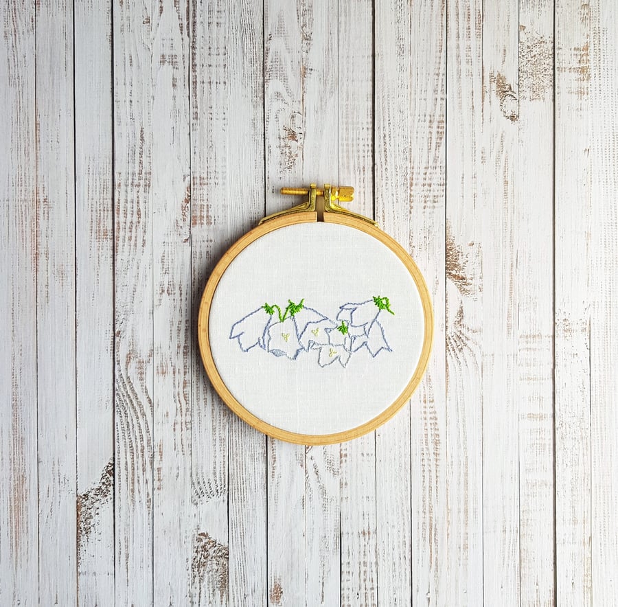 Harebell embroidery art, 4.5”. Wildflower wall decor.