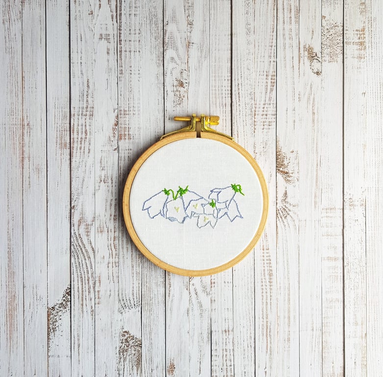 Harebell embroidery art, 4.5”. Wildflower wall decor.
