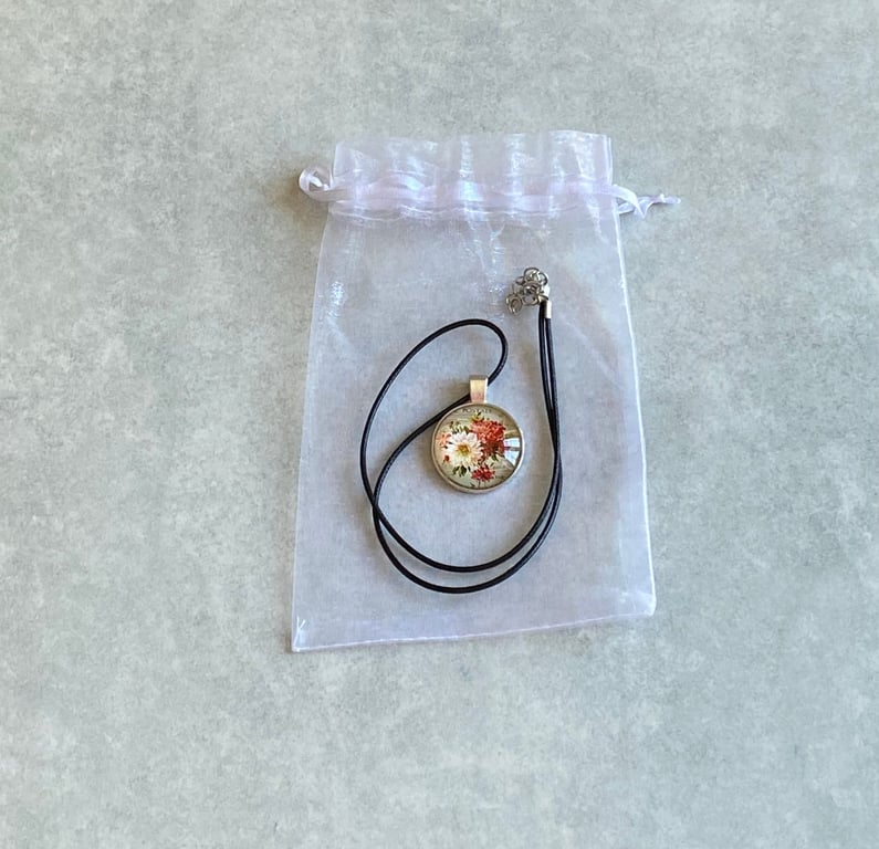 Pretty Green, Red & Pink Floral Shabby Chic Pendant Necklace