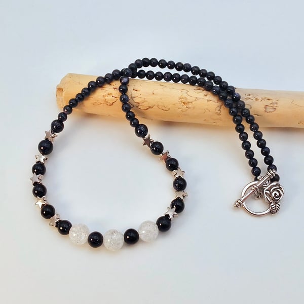 White Quartz & Blue Goldstone Necklace With Silver Stars, Birthday Gifts For Her