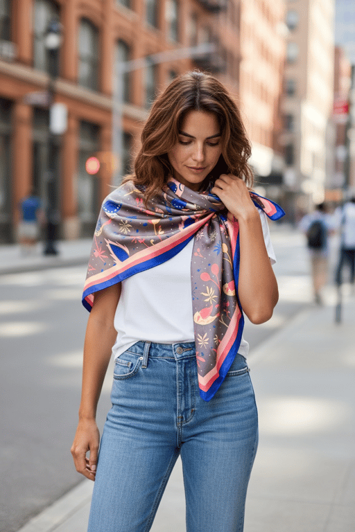 Grey Blue Coral Satin Scarf – Scandinavian Bird & Floral Design Square Bandana