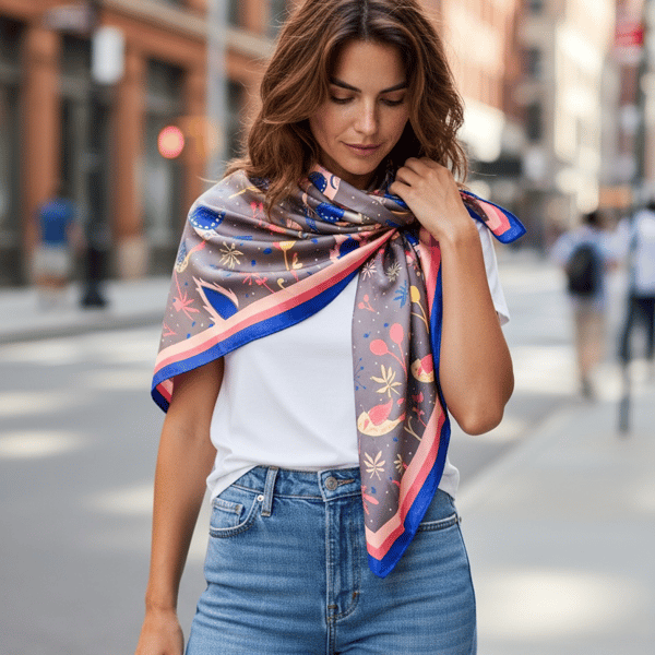 Grey Blue Coral Satin Scarf – Scandinavian Bird & Floral Design Square Bandana