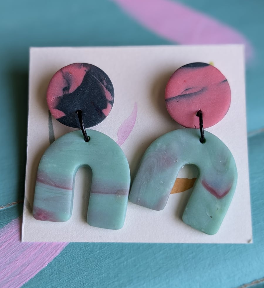 Mabled pink, blue and turquoise fimo earrings