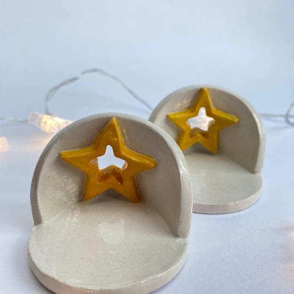 Set of two Ceramic Tea Light Holders (GOLDEN YELLOW STAR)
