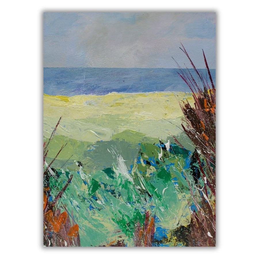 A small mounted painting - Scottish coastline - wild grasses - sunny - acrylics