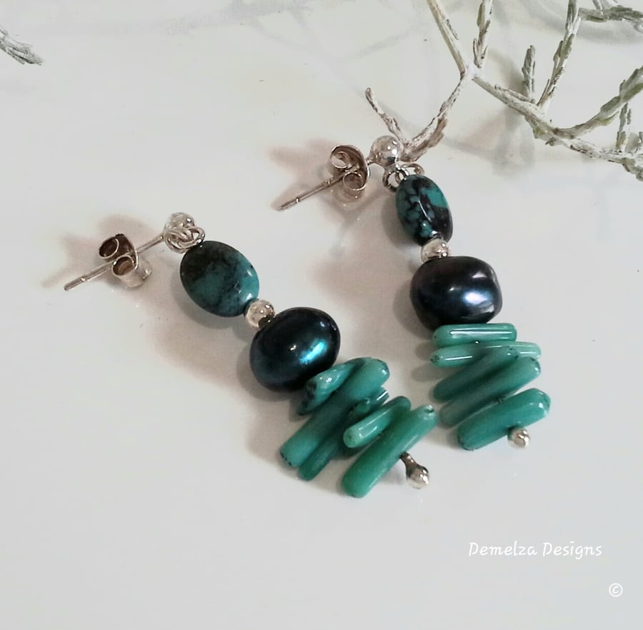 Natural Turquoise Pearl, & Dyed Eco Coral Sterling Silver Earrings