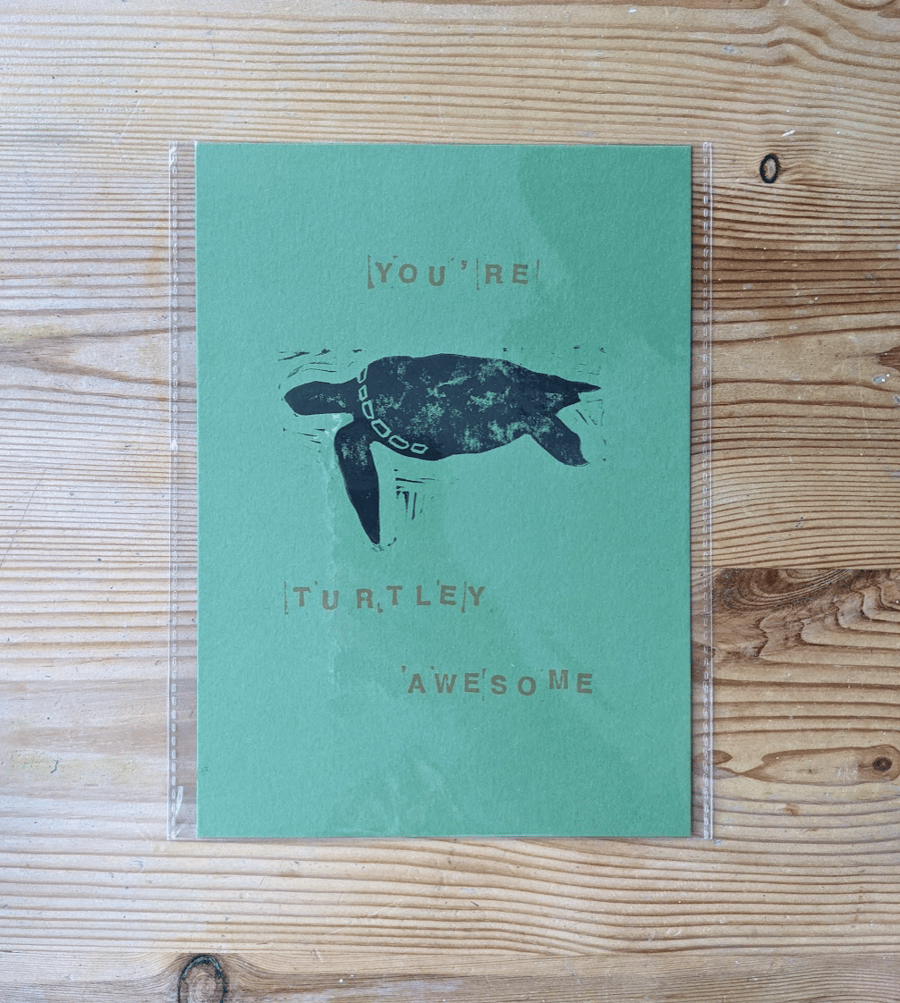 You're Turtley Awesome A5 Lino Print Green SAMPLE