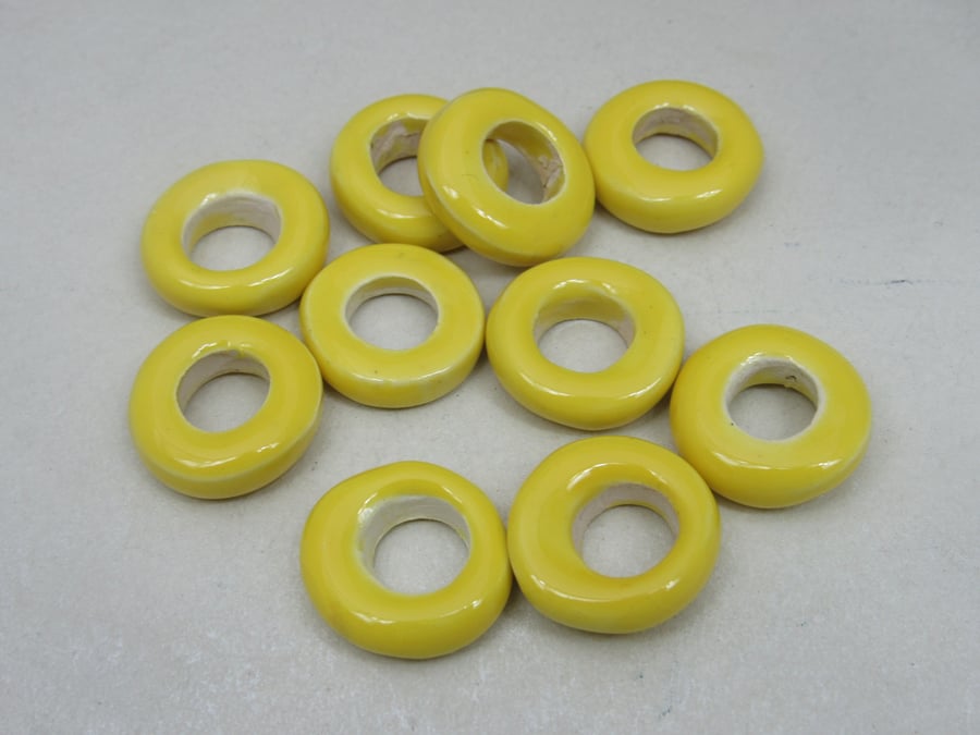 10 Medium Lemon Yellow Glazed Ceramic Donut Beads