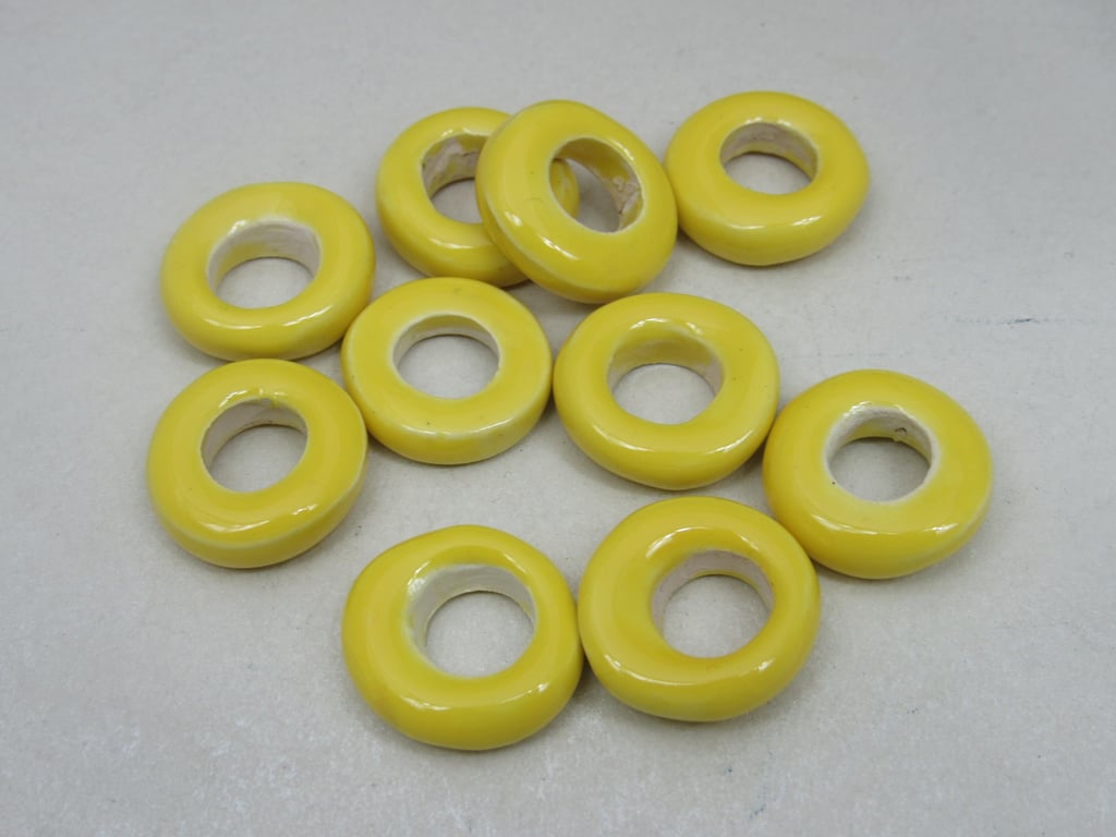 10 Medium Lemon Yellow Glazed Ceramic Donut Beads