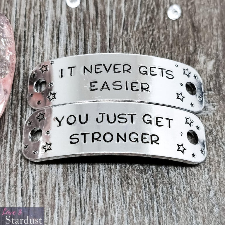 "It never gets easier, you just get stronger" Hand Stamped Trainer Tags